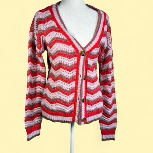 NWT Maurice's Size S Pink/Red Chevron Knitted Cardigan Cozy Open Front - Picture 1 of 6